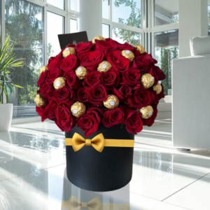 caja de rosas y chocolates, box de flores de lujo, regalo romántico con Ferrero Rocher, ramo con varias rosas