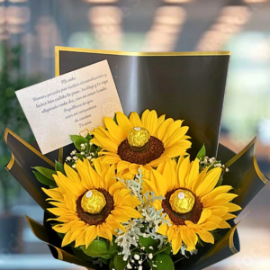 ramo de girasoles con chocolates, regalo con tarjeta personalizada, flores de amistad y sorpresa de cumpleaños con Ferrero Rocher