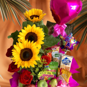 desayuno sorpresa con girasoles, regalo de cumpleaños con fruta y snacks, caja de girasoles y chocolates y regalo para mujer o día de la Madre
