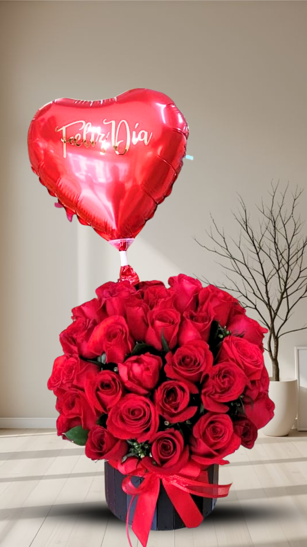 caja de rosas con globo, box de flores de aniversario, regalo romántico Feliz Día y flores a domicilio con globo de corazón
