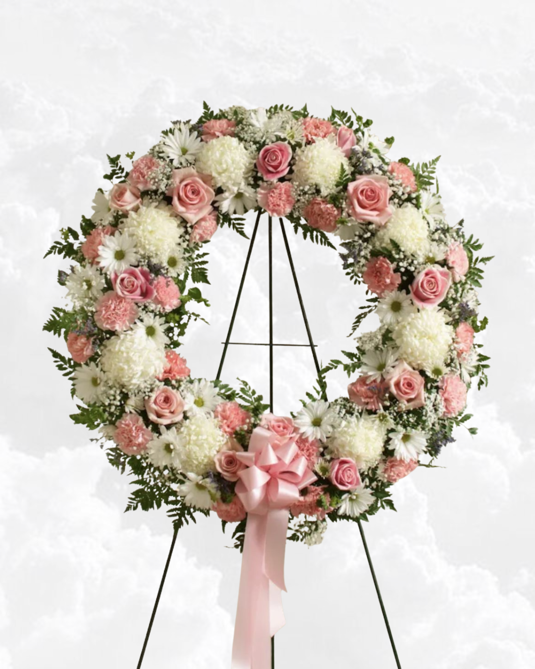 corona fúnebre para mujer, arreglos florales de pésame, flores para velorio rosadas y tributos florales delicados
