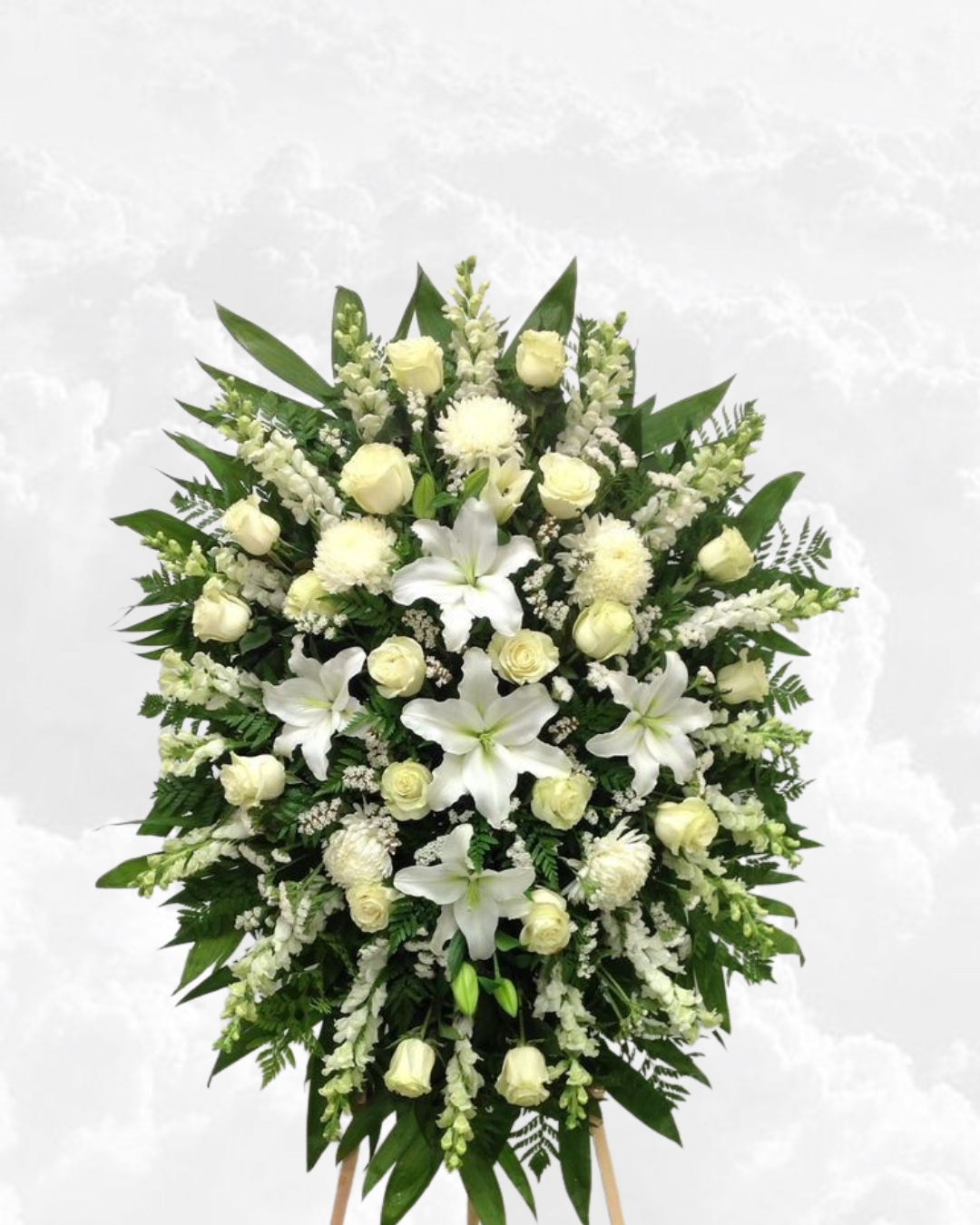arreglo fúnebre alto y vertical, flores blancas de paz y pureza, tributo floral de pedestal, arreglos de rosas y lirios para funeral