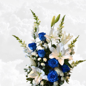 arreglos florales fúnebres coloridos, flores de recuerdo y paz, tributos para velorio y rosas azules