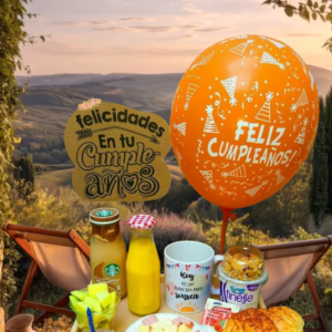 desayuno sorpresa de cumpleaños a domicilio, regalo de celebración con globo y caja de desayuno con café, jugo y panadería