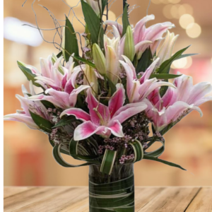 arreglos con lirios, flores de aniversario, ramos elegantes para mamá, lirios rosados y blancos