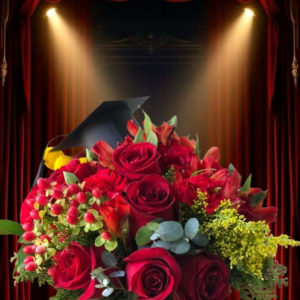 caja de rosas rojas graduación, box floral con birrete para grado, regalo de graduación con Hypericum y flores de felicitación sofisticadas.