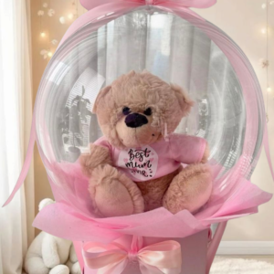 oso de peluche en globo burbuja, regalo tierno y original, box de peluche con globo, detalle con lazo rosa y peluche para ocasiones especiales