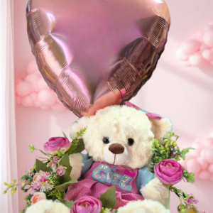 caja de rosas y peluche para baby shower, regalo bienvenida bebé niña, box floral con osito y globo corazón