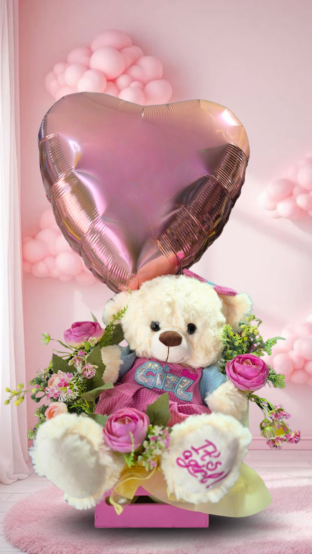 caja de rosas y peluche para baby shower, regalo bienvenida bebé niña, box floral con osito y globo corazón