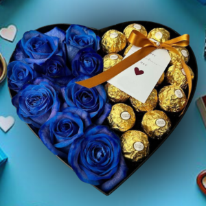 regalo día del padre con rosas azules, caja corazón de chocolates Ferrero Rocher, detalles masculinos elegantes y arreglos de flores, dulces para hombre
