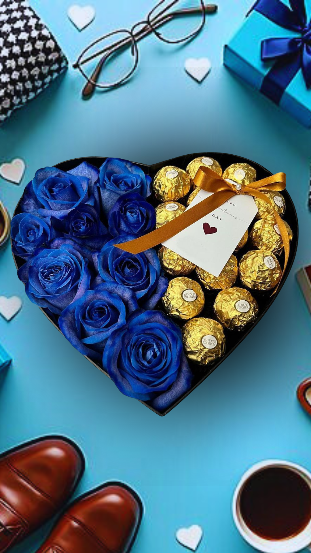 regalo día del padre con rosas azules, caja corazón de chocolates Ferrero Rocher, detalles masculinos elegantes y arreglos de flores, dulces para hombre