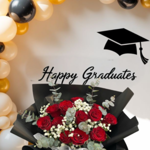 ramo de rosas para graduación elegante, ramo de rosas rojas con eucalipto, flores de felicitación con birrete y regalo para graduado sofisticado
