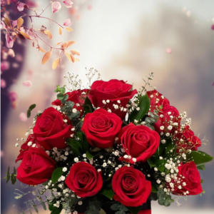 regalo día de la mujer con rosas rojas, box floral elegante para mujer, arreglos florales con baby's breath y eucalipto y detalles exclusivos de flores
