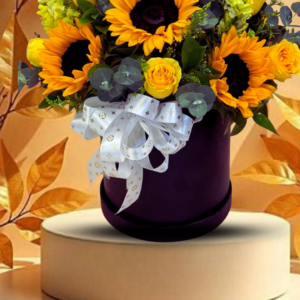 regalo día de la mujer con girasoles y rosas amarillas, box floral alegre para mujer, arreglos florales con eucalipto y flores amarillas y detalles exclusivos