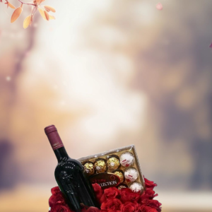 regalo día de la madre con vino y rosas rojas, box floral elegante con Ferrero Collection, detalles de lujo para mamá a domicilio y anchetas con flores y licores