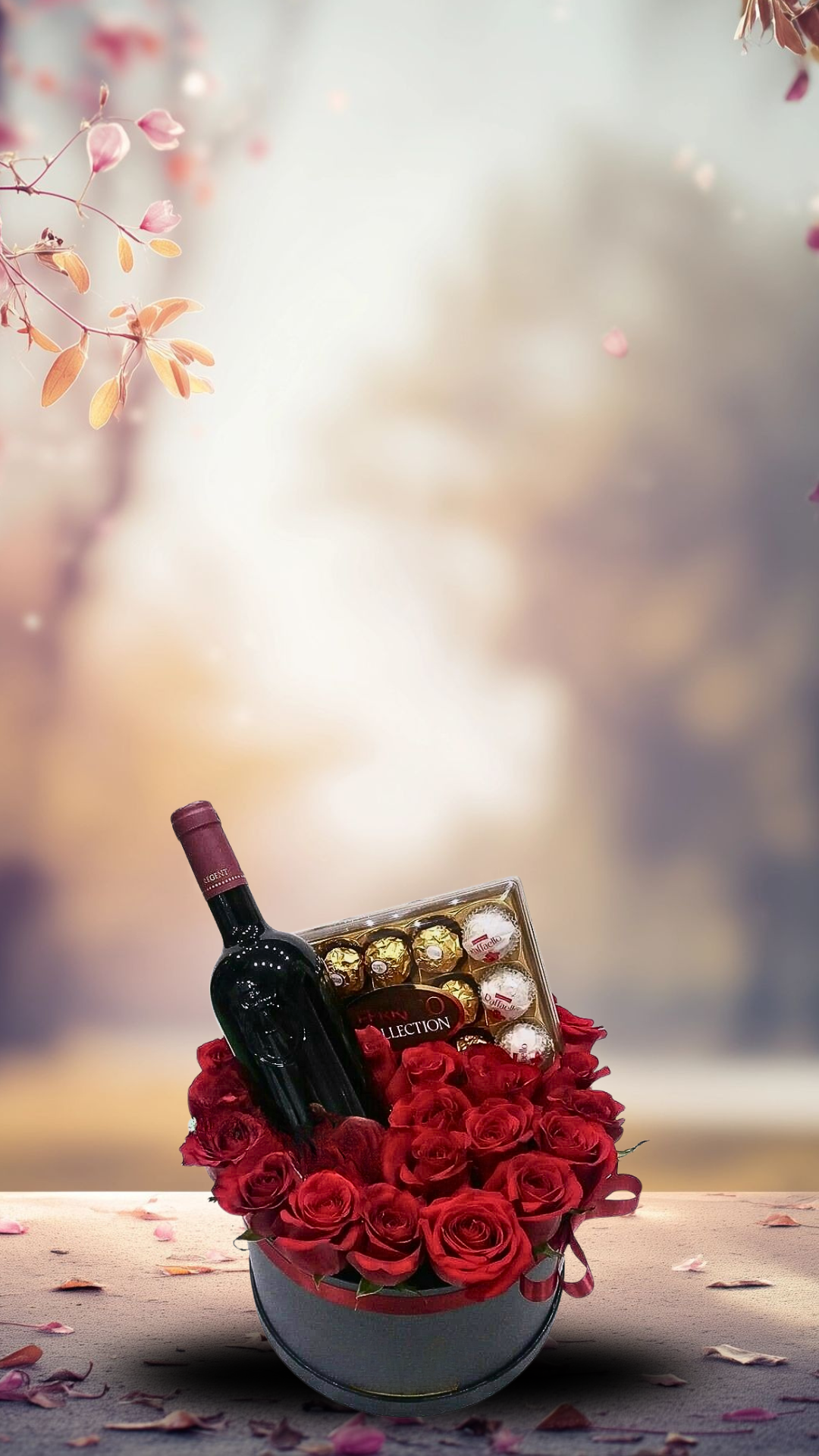 regalo día de la mujer con vino y rosas rojas, box floral elegante con Ferrero Collection, detalles de lujo para mujer a domicilio y anchetas con flores y licores