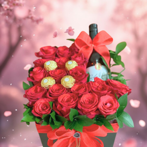 regalo para el día de la mujer con vino y rosas, detalles con chocolates Ferrero Rocher para mujer, arreglos florales con vino tinto y regalos elegantes para mujer