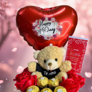 regalo día de la mujer con peluche y flores, box de rosas rojas con oso de peluche, detalles con chocolates Ferrero y globos de corazón y regalos tiernos para mujer