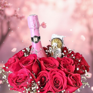regalo día de la madre con rosas y champagne, detalles de lujo para mujer con chocolates Ferrero, box floral con mini champagne rosado y regalos exclusivos
