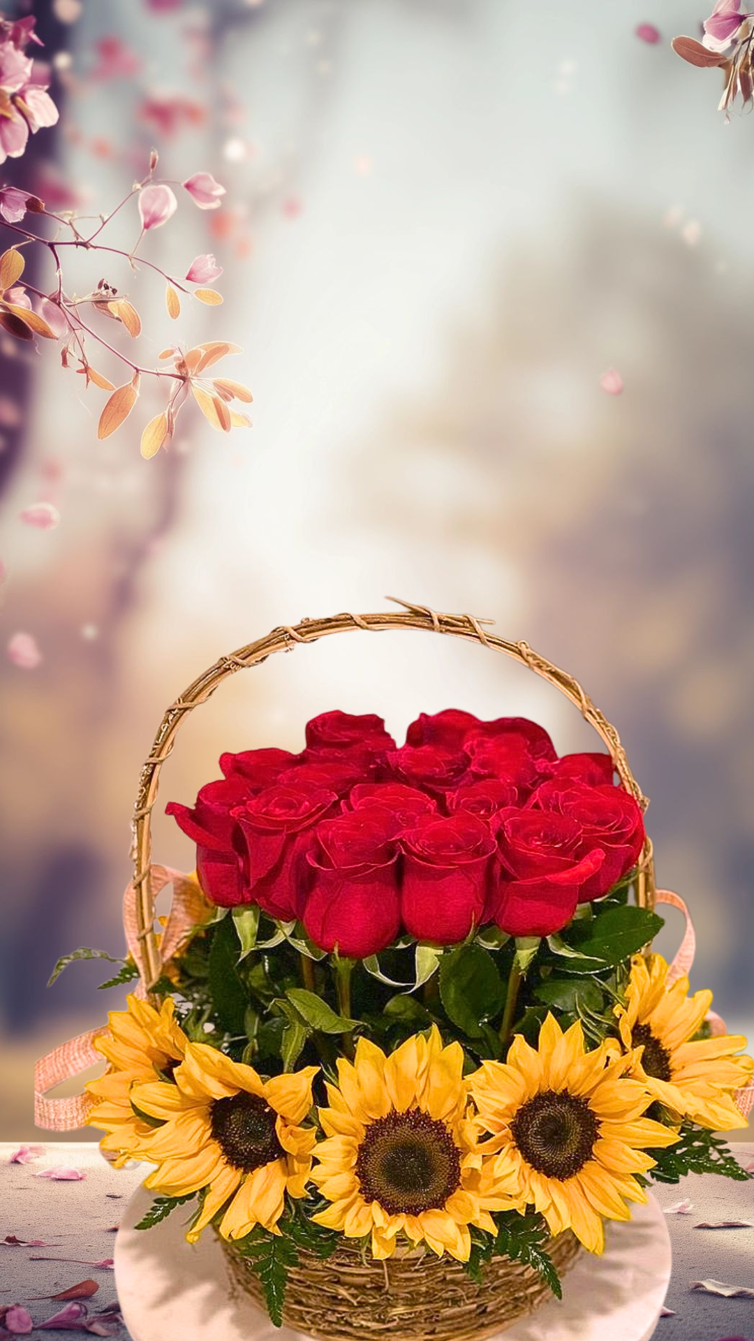 regalo día de la mujer con girasoles y rosas, canastas florales artesanales, arreglos de rosas rojas con base de mimbre y detalles florales de alta gama